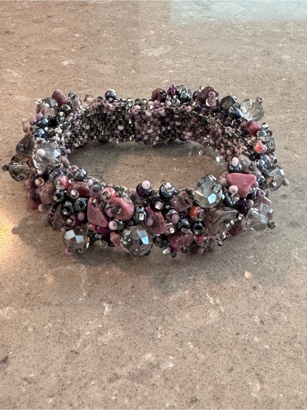 Handmade Genuine Stone Beaded Cluster Stretch Bracelet, Sparkles! 7”